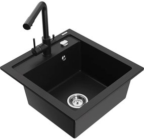 Mexen Vito, 1 kamrás gránit mosogató 520x490x210 mm, fekete csaptelep Duero, fekete, 6503-77-671600-70