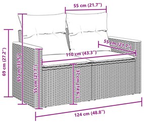 14 Részes Kert Sofa Készlet Párnákkal Fekete Poli Rattan Akácia