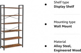Könyvespolc, álló polc, 6 szintes, rusztikus barna 80x30x186cm