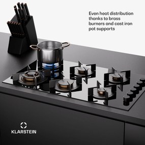 Klarstein Goldflame 6, gáz főzőlap, önálló, 6 égő, oldalsó vezérlés, gáz/propán, üvegkerámia, fekete