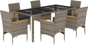 vidaXL 7 részes szürke polyrattan/üveg kerti étkezőgarnitúra párnával