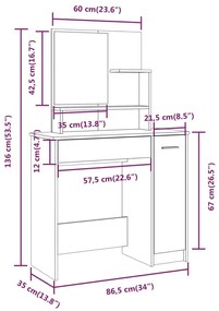 fehér fésülködőasztal tükörrel 86,5 x 35 x 136 cm