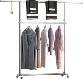 HOMCOM Magasságban és Szélességben Állítható Fali Akasztó Állvány, 4 Forgatható Kerek, Rozsdamentes Acél és ABS, 165x48x180cm | Aosom