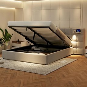 Kárpitozott ágy 180 x 200 cm, hidraulikus ágy Usb lámpa szürke