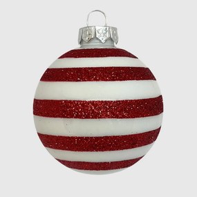Fehér-piros glitter csíkos kézzel festett karácsonyi üveggömb szett, 7 cm, 6 db