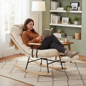 Hintaszék fa lábakkal, plüss szövettel, 4 fokozatban állítható háttámlával,  krémfehér