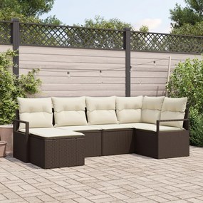 6 Részes Kerti Kanapé Szett Párnákkal Barna Poly Rattan, 2-Fős Kerti Kanapé Párnákkal Barna Poly Rattan