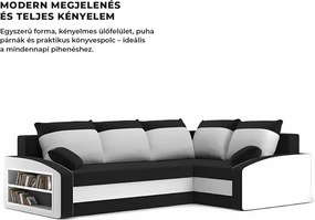 Grande sarokkanapé polcokkal , polc a bal karfaban, jobboldali, szövet anyag, hab töltet, fekete - fehér