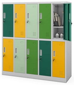 Fém szekrény, 10 rekeszes BARTUŚ, 1360 x 1500 x 450 mm, szürke-többszínű