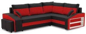 Grande sarokkanapé polcokkal és puffokkal , polc a jobb karfaban puffok a bal karfaban, jobboldali, szövet anyag, hab töltet, fekete - piros