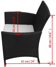7-részes fekete polyrattan kültéri étkezőszett párnákkal