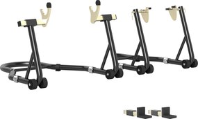 HOMCOM 2 db Állítható Trianguláris Motorkerékpár Állvány 390 kg Kapacitással, Hátsó és Elülső Vetőállvány Acélból U és L Kanalakkal, Kerekekkel, Garáz