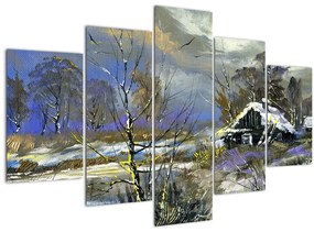 Téli tájon lévő házikó képe, olajfestmény (150x105 cm)