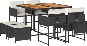 vidaXL 9 részes fekete polyrattan kerti étkezőgarnitúra párnákkal