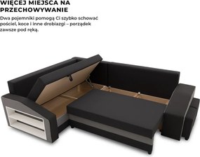 Grande sarokkanapé polcokkal és puffokkal , polc a bal karfaban puffok a jobb karfaban, baloldali, szövet anyag, bonell töltet, fekete - szürke