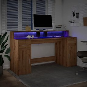 kézműves tölgy színű szerelt fa LED-es íróasztal 160x55x91 cm