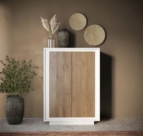SKY 2.0 magas komód, 2 ajtóval, fehér matt lakkozott vázzal és Mercuri tölgy mintázatú laminált előlapokkal