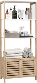 HOMCOM Bambusz Fürdőszobai Polc 3 Nyitott Polccal és Két Ajtós Tárolóval 63x30x138 cm Természetes Fa és Fehér | Aosom