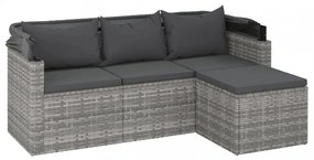 3-személyes szürke polyrattan kanapé tetővel és lábtartóval