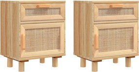 vidaXL 2 db barna tömör fenyőfa és természetes rattan éjjeliszekrény