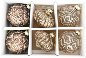 Karácsonyi üveg gömb dísz hagyma alakú arany barna dombor vonal mintával glitter dekorral 8 cm 6 db