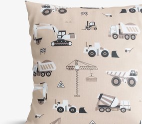 Goldea gyerek pamut párnahuzat - teherautók és markolók bézs alapon 50 x 50 cm