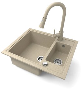 Gránit mosogató NERO Arriva + kihúzható zuhanyfejes Snake csaptelep + dugókiemelő (bézs)