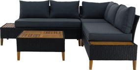 Kerti rattan szett, akácfa, fekete/szürke/természetes, MALKOM