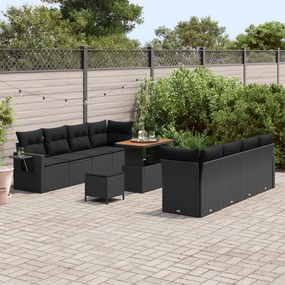 11 Darabos Kert Kanapé Szett Párnákkal Fekete Poli Rattan Akáccal, 3 Darabos Kert Étkező Szett Párnákkal Fekete Poli Rattan Akáccal