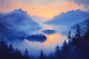 Vászonkép Canvas Tájkép Magas Hegyek Erdő Tó Sziget Kastély 120x80