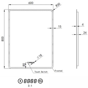 Álló fürdőszobai LED tükör 60x80cm | Páramentesítő - Óra - Fényerő és színhőmérséklet szabályozás | Welland Kath