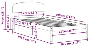 Ágykeret Fejtámlával 75x190 cm Tömör Fenyő