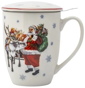 Karácsonyi teás bögre télapós porcelán fémszűrővel - 340 ml