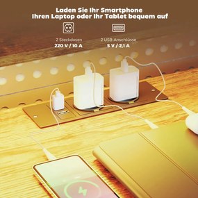 HOMCOM Gamer asztal, LED világítással-konnektorral, 4 fiókkal, monitorállvánnyal, barna