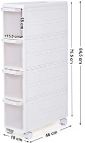 4 Mély fiókos polc kerekekkel, 84,5 cm magas, fehér