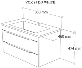 TMP VOX 85 FEHÉR fali fürdőszobabútor - öntött műmárvány mosdóval - 85 x 47 cm