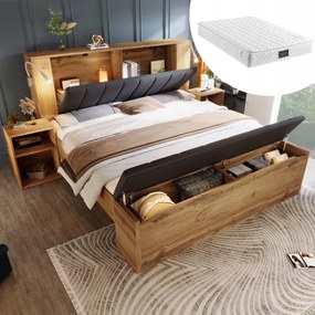 Franciaágy éjjeliszekrény polc Lámpa 160x200cm tölgy+matrac