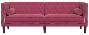 3 személyes bordó bársony Chesterfield kanapé hengerpárnákkal