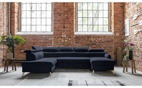 Sötétkék bársony kinyitható sarokkanapé (bal oldali-"U" alakú) Sweet Harmony – Miuform