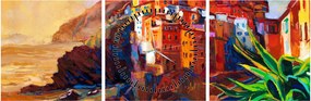 Kép - Falu Cinque Terre partján, az olasz riviérán, modern impresszionizmus (órával) (90x30 cm)