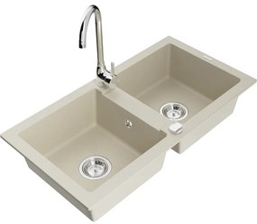 Mexen Mario, 2 kamrás gránit mosogató 820x436x161 mm és Telma króm mosogató csaptelep, bézs, 6504-69-670200-00