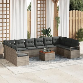 11 darabos kerti kanapé szett párnákkal szürke polyrattan akácia, 2-fős kerti kanapé tárolóval és párnákkal szürke polyrattan