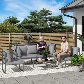 Outsunny Időjárásálló Kerti Bútor Készlet 5 Fő Részére - Kerti Loungeszett 3 Fős Kanapéval, 2 Fotellet és Napernyőt, Párnákkal és Oldalsó Asztallal -