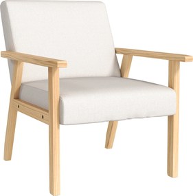 HOMCOM Karosszék Nappali Pihenőszék Tömör Fa Lábbal, Olvasószék Ágynemű Hatású Kárpitozott Szék, Hálószobába és Home Office-ba, Krémfehér | Aosom