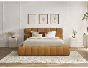 Mustársárga kárpitozott ágyneműtartós franciaágy ágyráccsal 180x200 cm Mont Blanc – Bobochic Paris