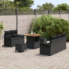 8 darabos kert kanapészett párnákkal fekete poli rattan akáciából, 2 személyes kert kanapé párnákkal fekete poli rattan, 3 darabos kert étkező szett párnákkal fekete poli rattan akáciából