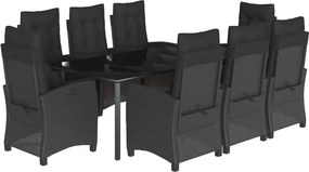 vidaXL 9 részes fekete polyrattan kerti étkezőgarnitúra párnákkal