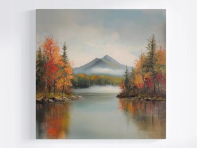 Poszter Tájkép Hegyek Erdő Tó Folyó Ősz Köd 80x80