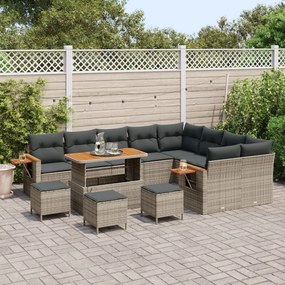 13 darabos Kerti Kanapészett párnákkal szürke poli rattan akáccal, 4 darabos Kerti Étkező Szett párnákkal szürke poli rattan akáccal