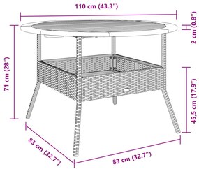 bézs polyrattan kerti asztal akácfa lappal Ø110 x 71 cm